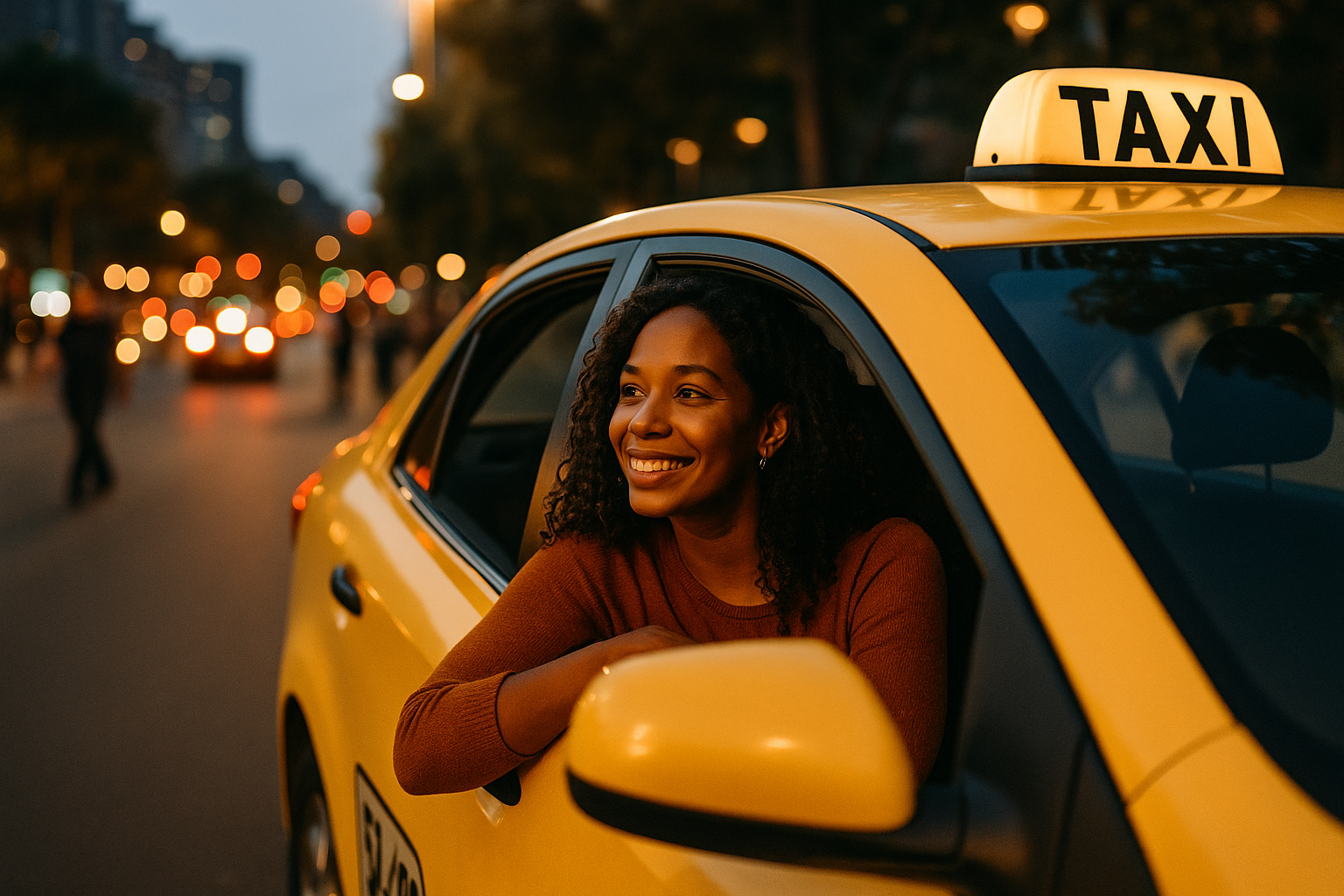 Ciudad de noche vista desde un taxi